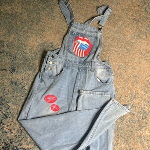 Women's Distressed Ripped Long Jean US Flag rolling stone Denim Bib Overalls W17